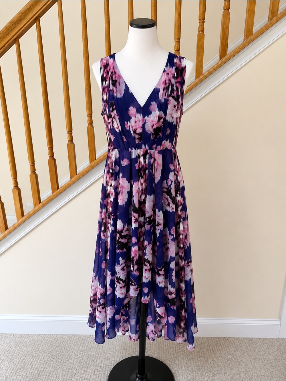 Vera Wang Navy Blue Floral Maxi Dress with Pink Accents